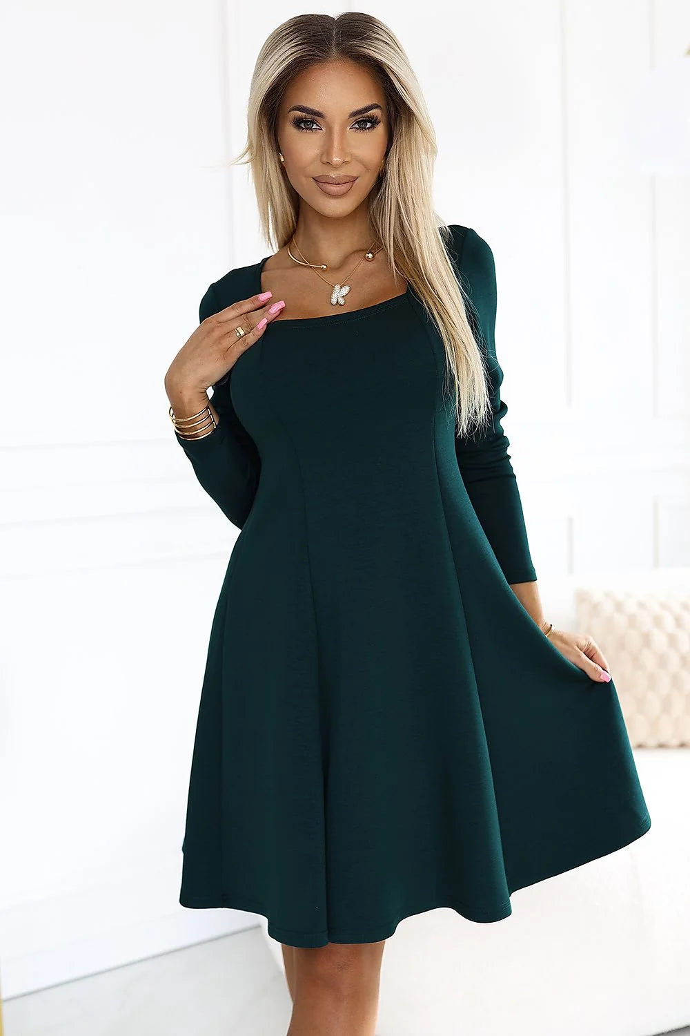 Robe de jour élégante en vert foncé, coupe trapèze, manches longues, tissu élastique, femmes, Numoco