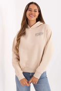 sweat capuche femme casual oversize beige écru molleton brossé doux manches longues pullover imprimé poitrine finitions côtelées poignets taille