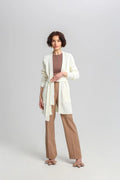 Cardigan féminin long ouvert tissu côtelé blanc ceinture à nouer poches manches longues mode femme Casual Semi-Formel