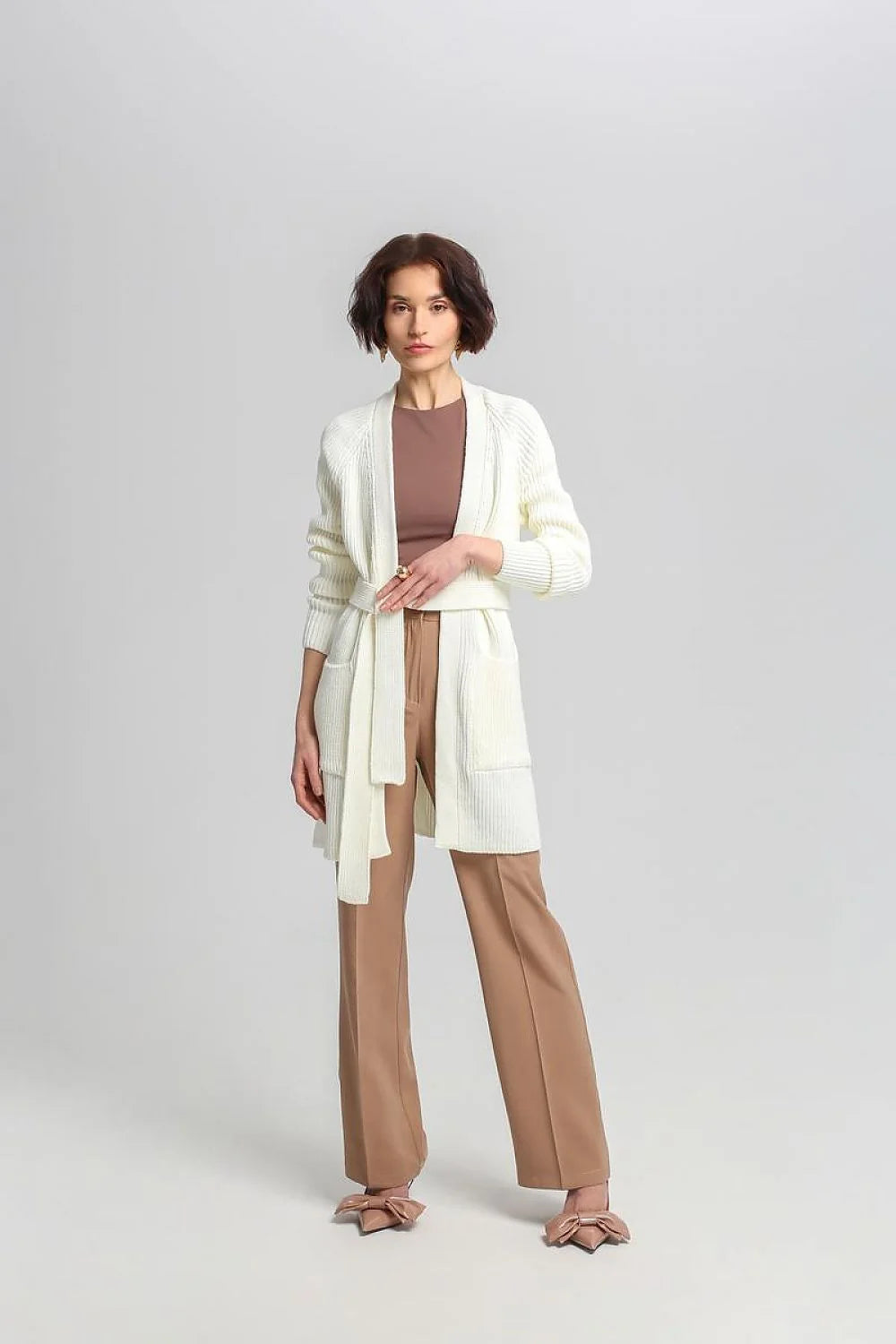 Cardigan féminin long ouvert tissu côtelé blanc ceinture à nouer poches manches longues mode femme Casual Semi-Formel