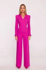combinaison pantalon fuchsia crêpe structuré décolletéV épaules structurées manches longues palazzo taille haute larges silhouette allongée zip discret doublure confortable
