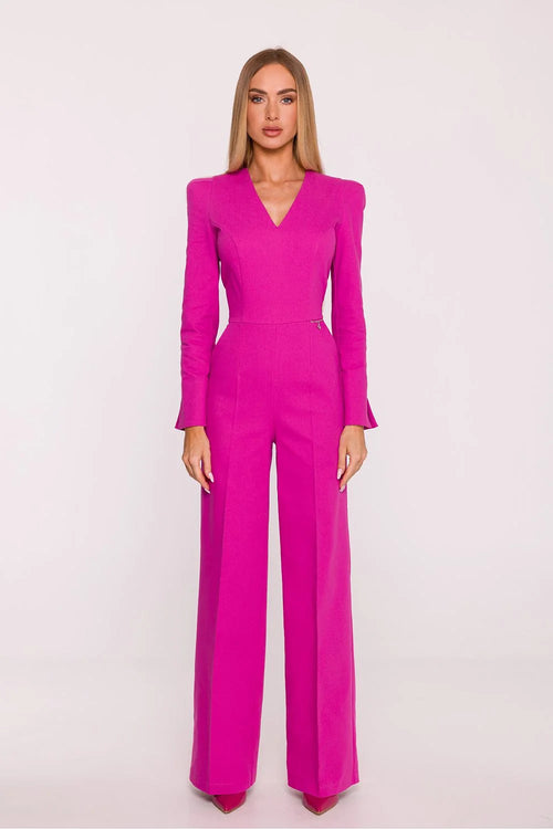 combinaison pantalon fuchsia crêpe structuré décolletéV épaules structurées manches longues palazzo taille haute larges silhouette allongée zip discret doublure confortable