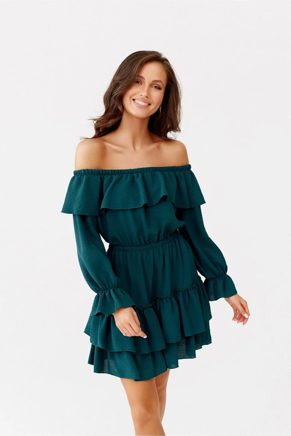 Robe de jour élégante en bleu canard manches longues en volume encolure Bardot ceinture élastique taille ajustée femme