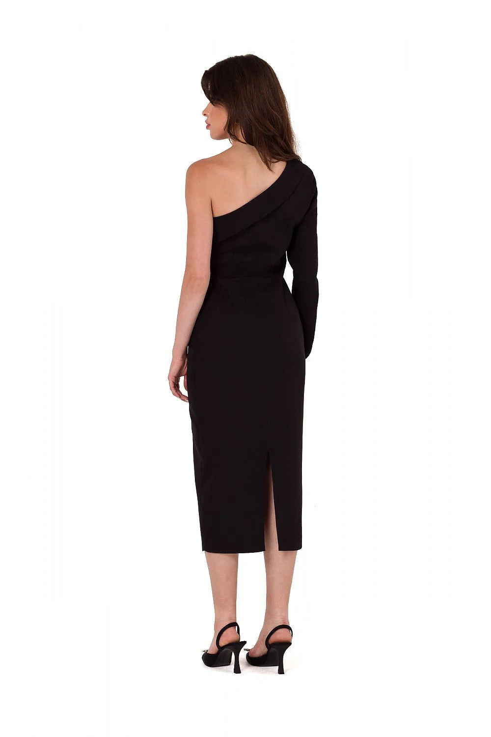 Robe de soirée Makover asymétrique épaule nue manche longue décolleté plongeant noir tissu extensible ajusté femmes