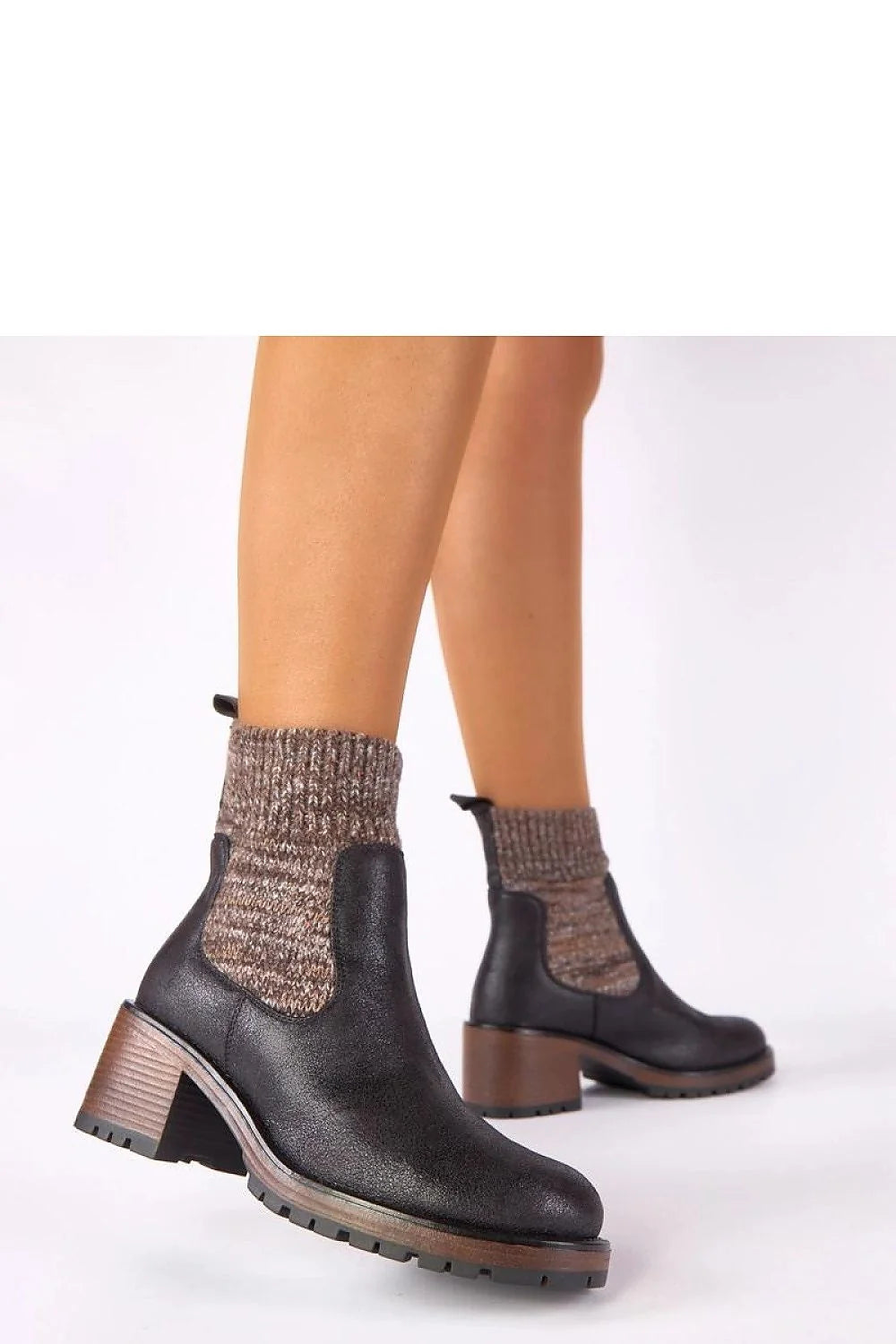 bottines noires talon bloc stable tige chaussette élastique cuir grainé bordcote marron chiné cheville semelle crantée plateau bois confortable élégante