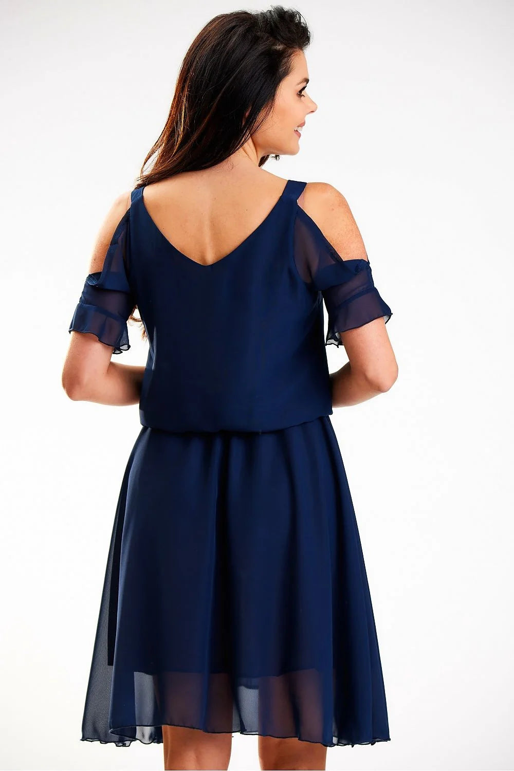 Robe de jour élégante pour femme en mousseline bleu marine épaules dénudées taille élastique manches courtes style moderne