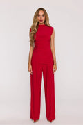 ensemble pantalon top femme rouge col montant sans manches drapé fronces jersey extensible taille haute jambes larges poches