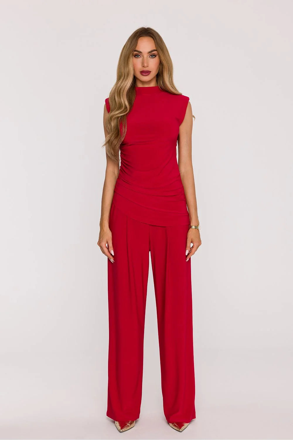 ensemble pantalon top femme rouge col montant sans manches drapé fronces jersey extensible taille haute jambes larges poches