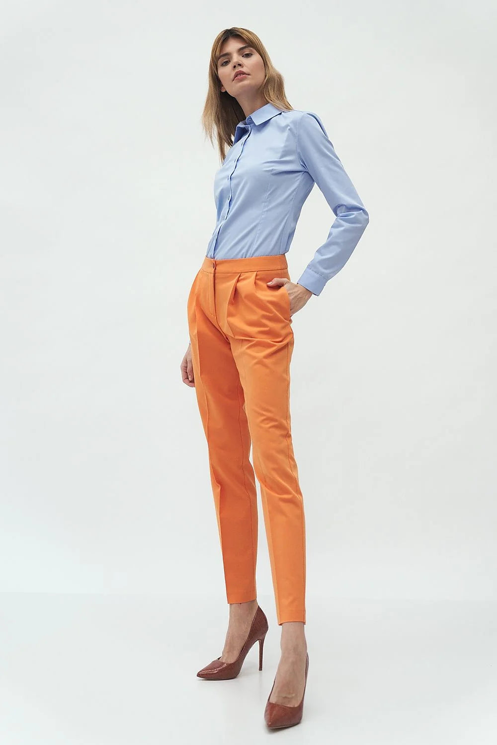 Pantalon femme en coton polyester orange taille haute chic moderne pour bureau et sorties