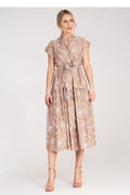 Robe de jour élégante midi manches courtes col rond en nylon et viscose avec ceinture ajustable pour femme