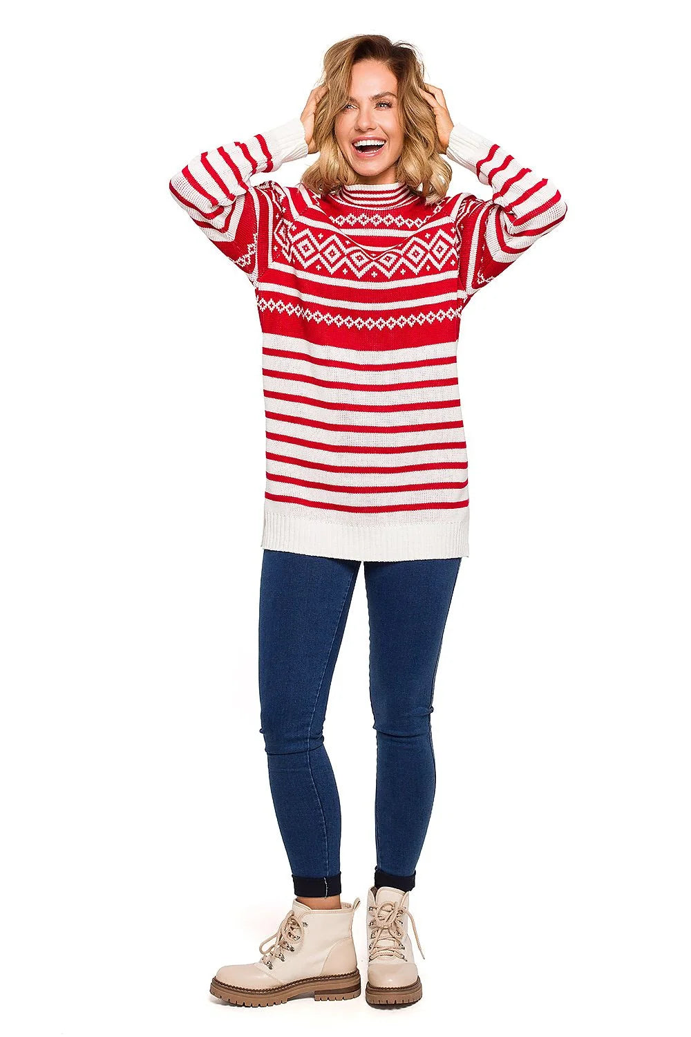 Pull en maille confortable ample motifs géométriques rose blanc col rond hiver pour femmes