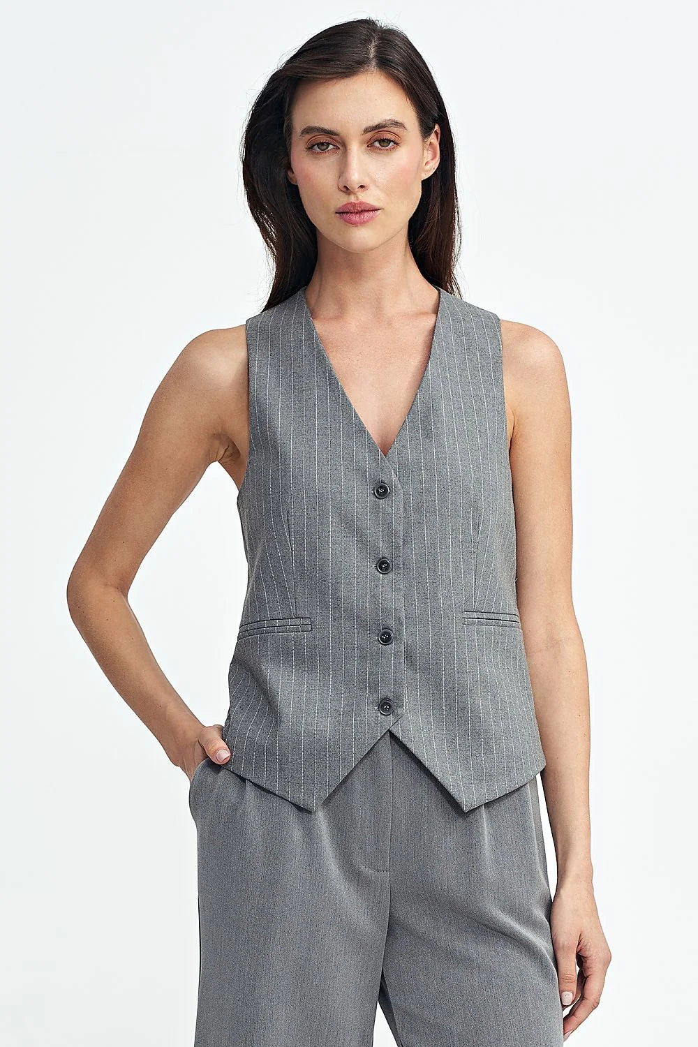 Gilet pour femme élégant coupe ajustée sans manches en V profond gris anthracite rayures fines femmes