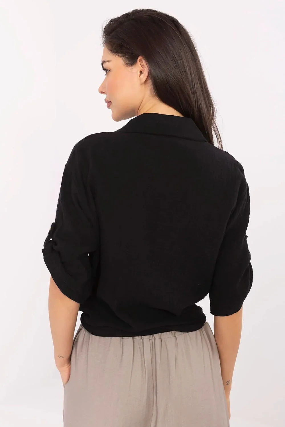 Chemise Italy Moda féminine élégante style décontracté coton noir manches courtes revers noeud taille motif floral brodé mademoiselle Paris