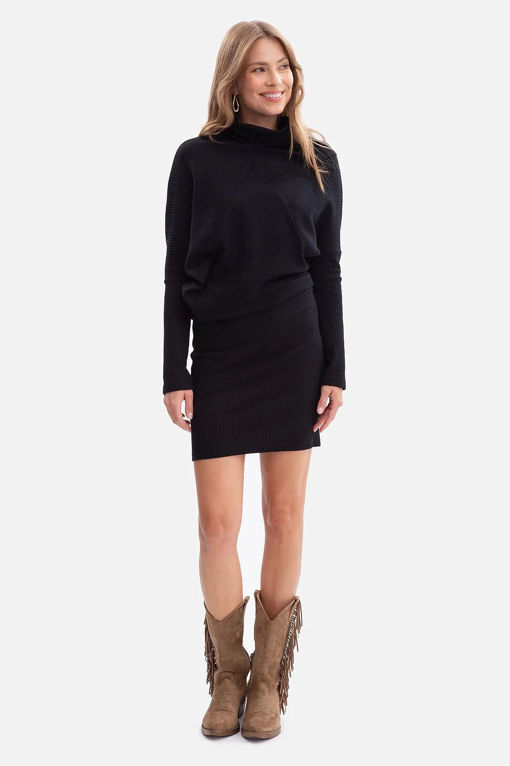 robe pull côtelée noire maille stretch grammage élevé coton élasthanne col cheminée rembourré oversize blousant jupe crayon ajustée
