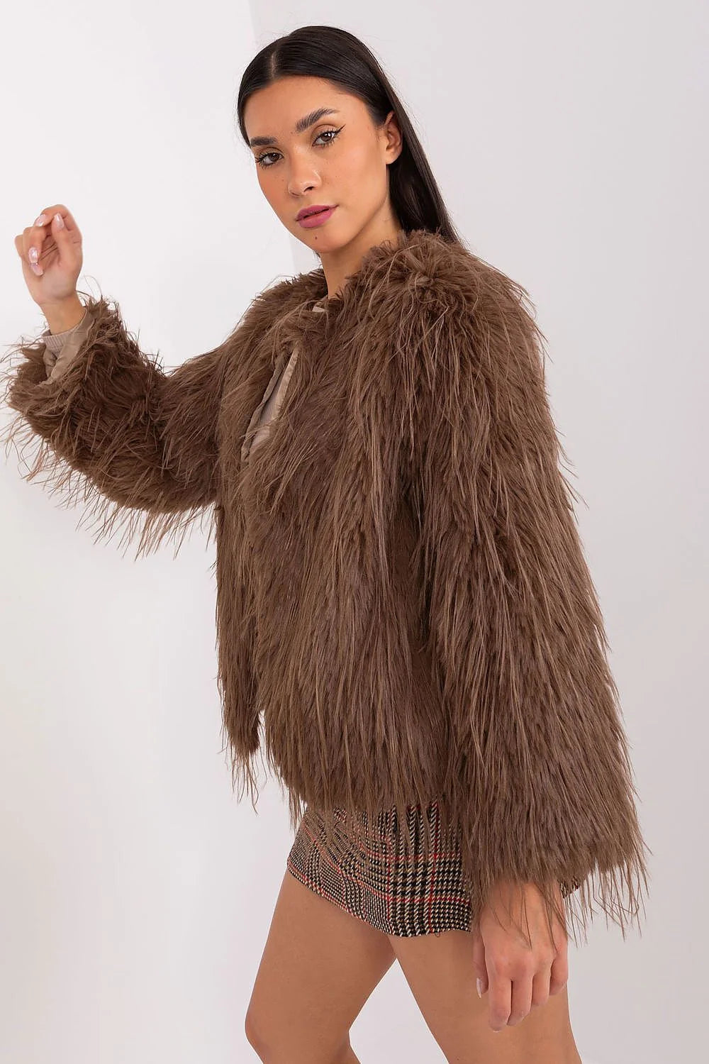 Veste fausse fourrure marron coupe ample style bohème chic printemps-hiver veste transition femme