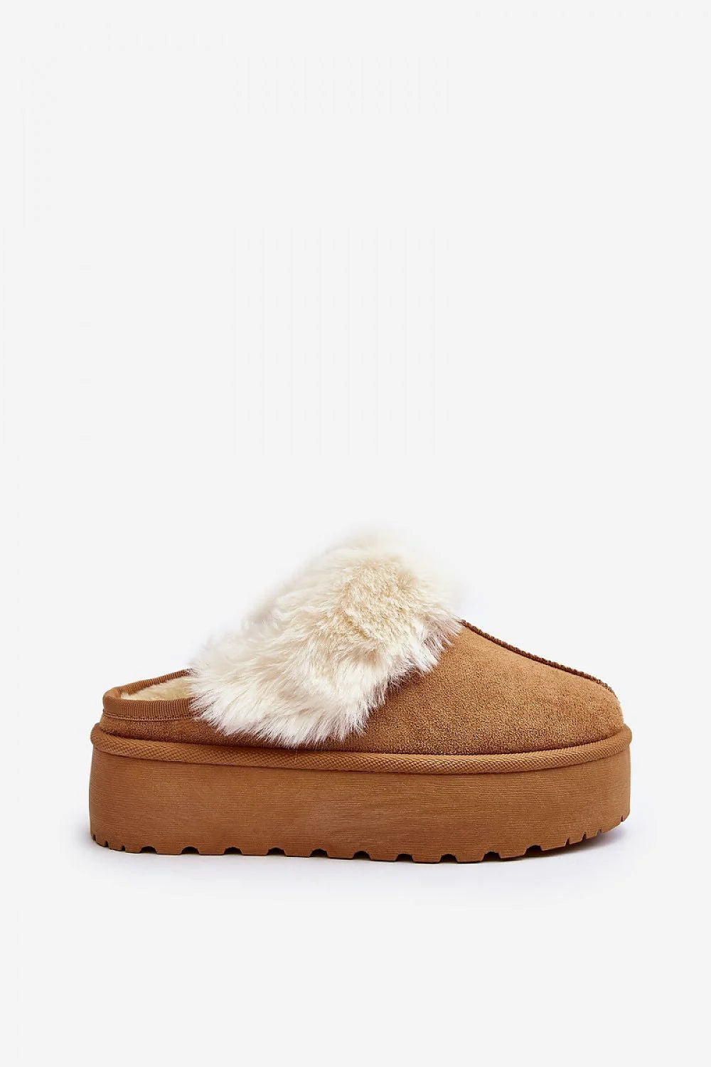 mules plateforme ecosuede fourrure synthétique crème camel pelucheux bout arrondi semelle crantée marron épaisse antidérapante chaude confortable cosy
