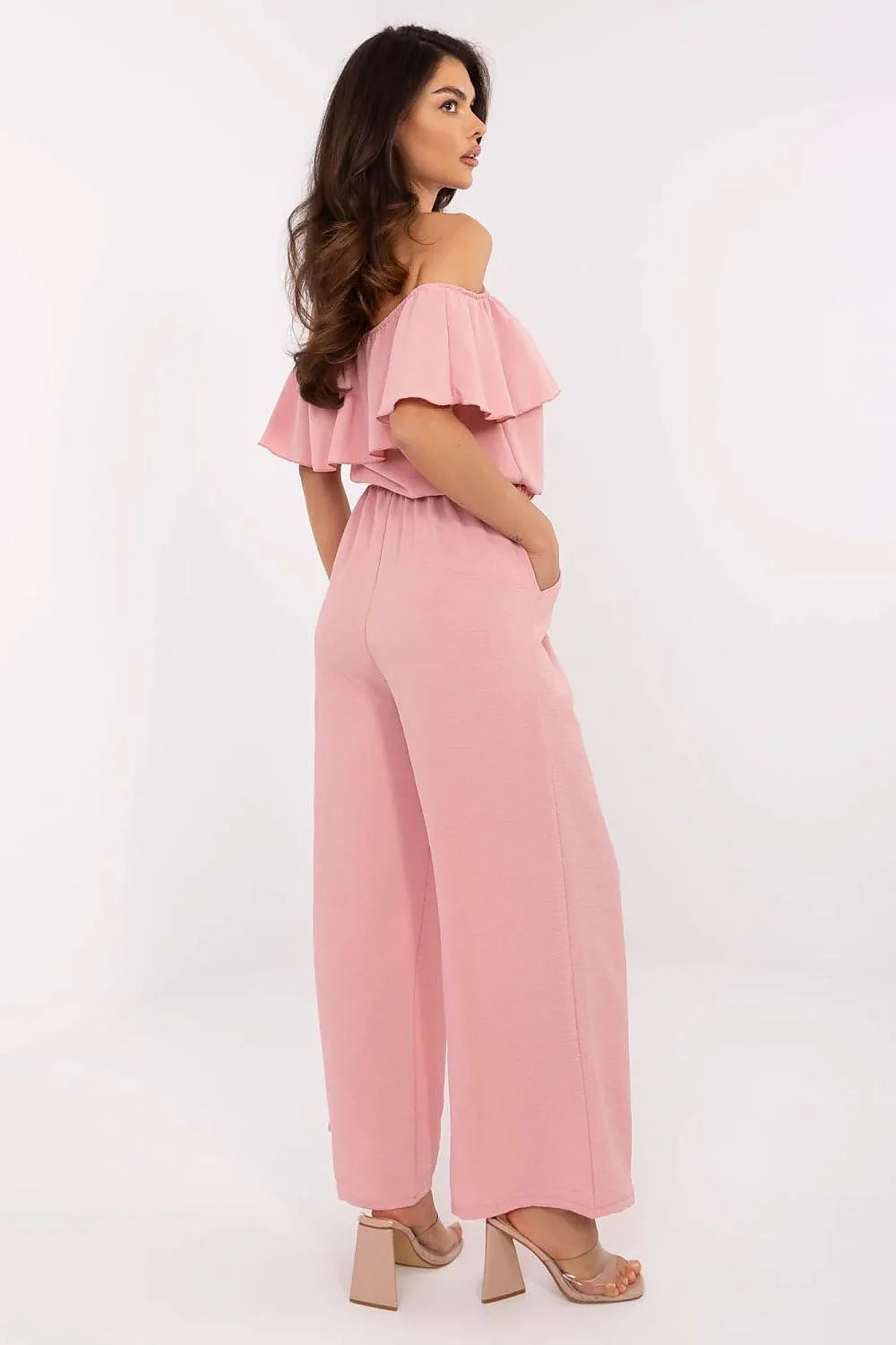 Combinaison Italie Moda élégante pour femme coupe ample encolure Bardot volants couleur pastel poches latérales