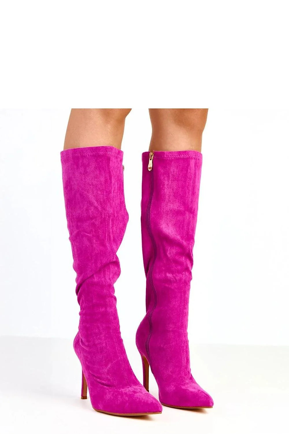 bottes cuissardes femme fuchsia suédine écologique bout pointu talon stiletto haut tige froncée zip latéral doré semelle contrastée beige élancée