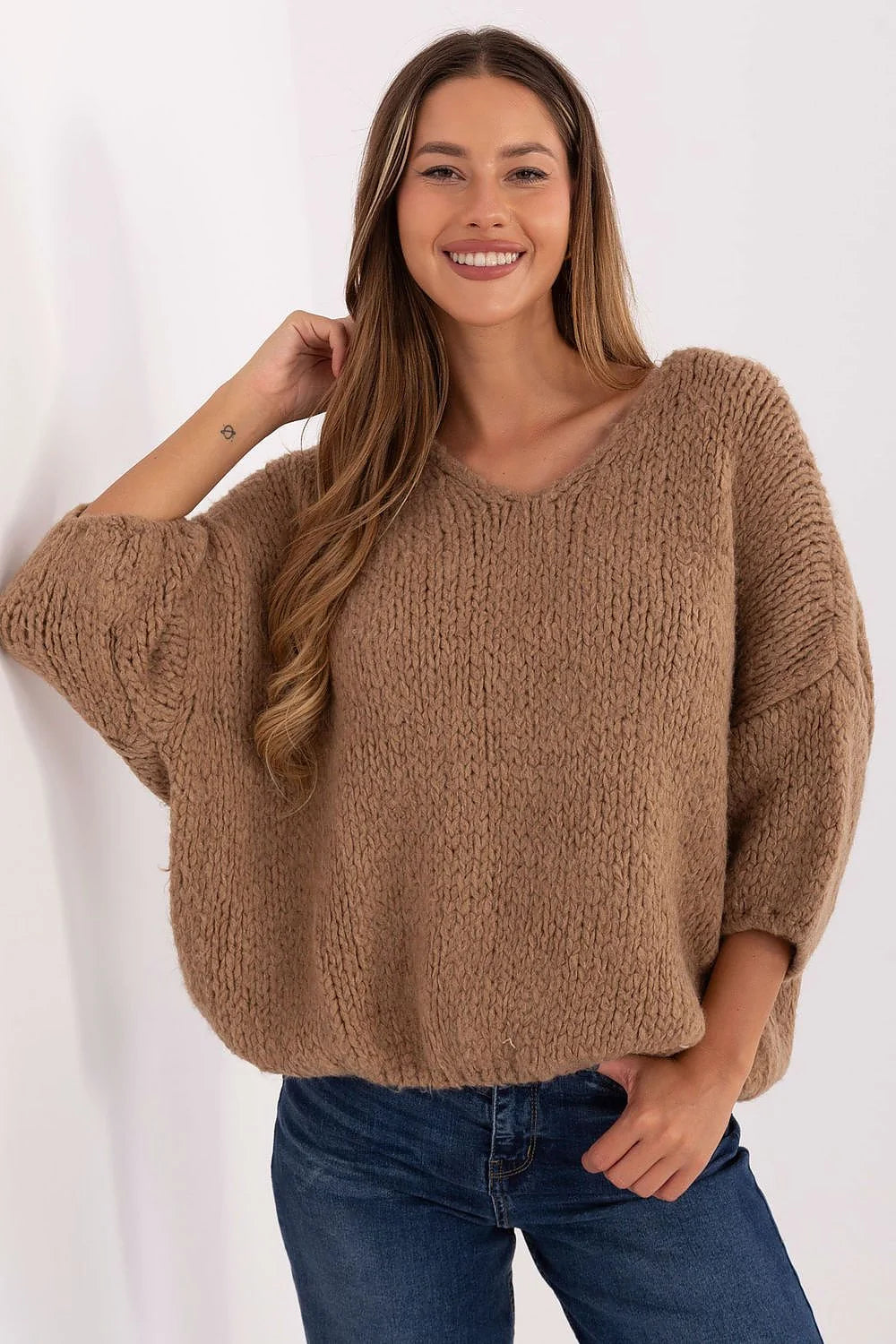 pull femme oversize maille chunky camel colV manches3quart dolman ample tombedroit tricotépais moelleux brossée alpaga polyacrylique polyamide viscose chaud confortable