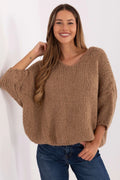 pull femme oversize maille chunky camel colV manches3quart dolman ample tombedroit tricotépais moelleux brossée alpaga polyacrylique polyamide viscose chaud confortable
