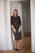 Robe mi-longue élégante style leopard imprimé manches 3/4 encolure ronde ceinture noire femme grande taille soirée semi-formel