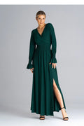 Robe longue élégante pour femme vert foncé manches longues en V fente haute taille ajustable soirée occasion spéciale