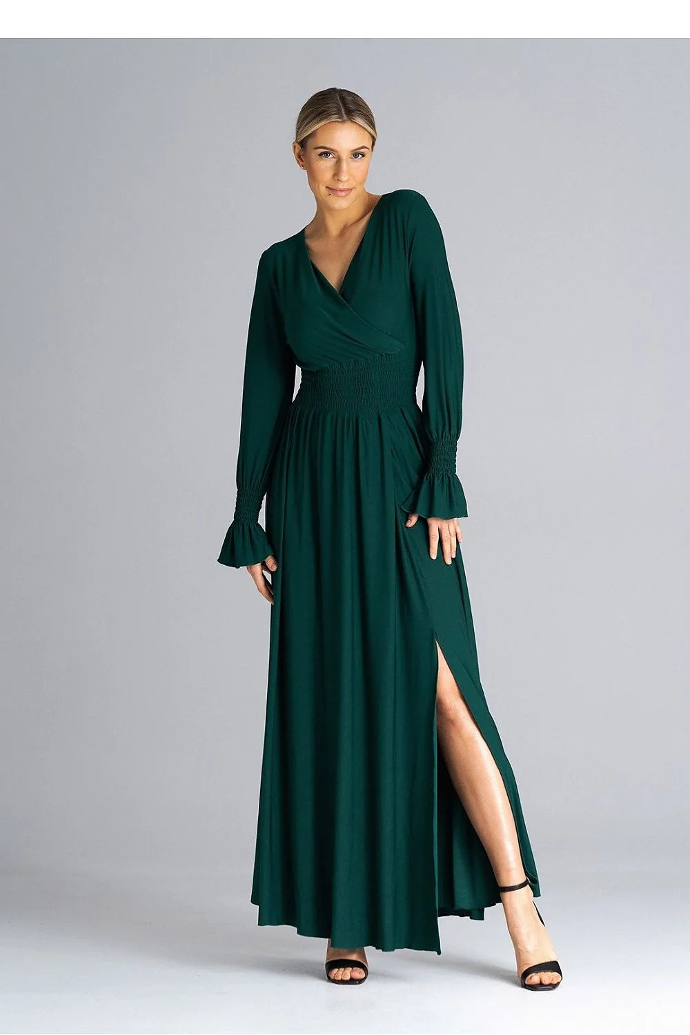 Robe longue élégante pour femme vert foncé manches longues en V fente haute taille ajustable soirée occasion spéciale