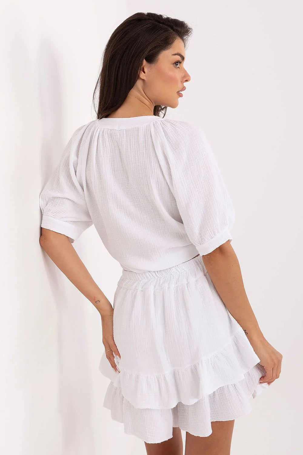 Ensemble Och Bella pour femmes été casual blanc muslin chemisier manches courtes jupe volants taille élastique noeud avant léger respirant trendy élégant