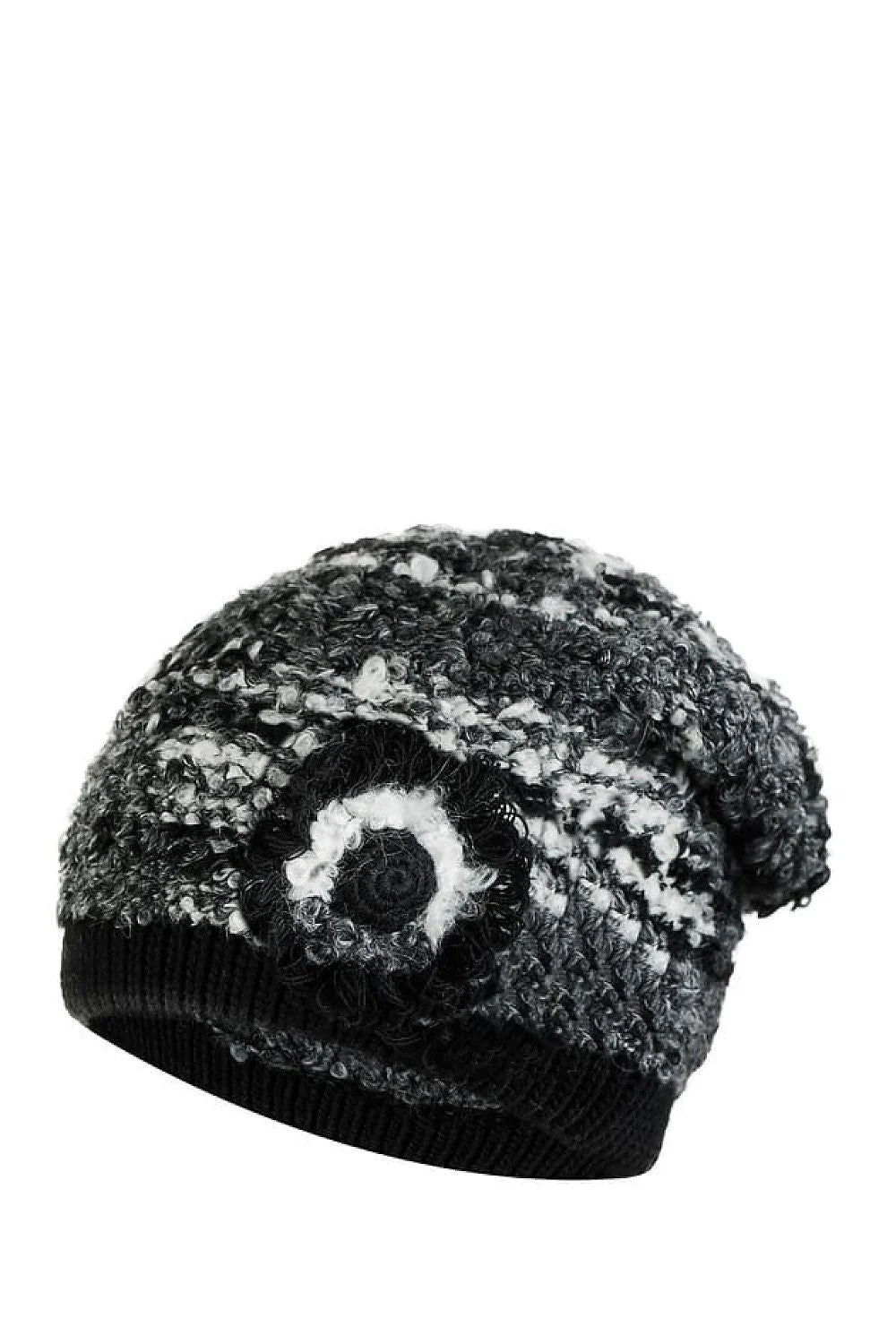 Bonnet d'hiver pour femme en tricot texture bicolore élastique floral fleur marbré gris noir blanc
