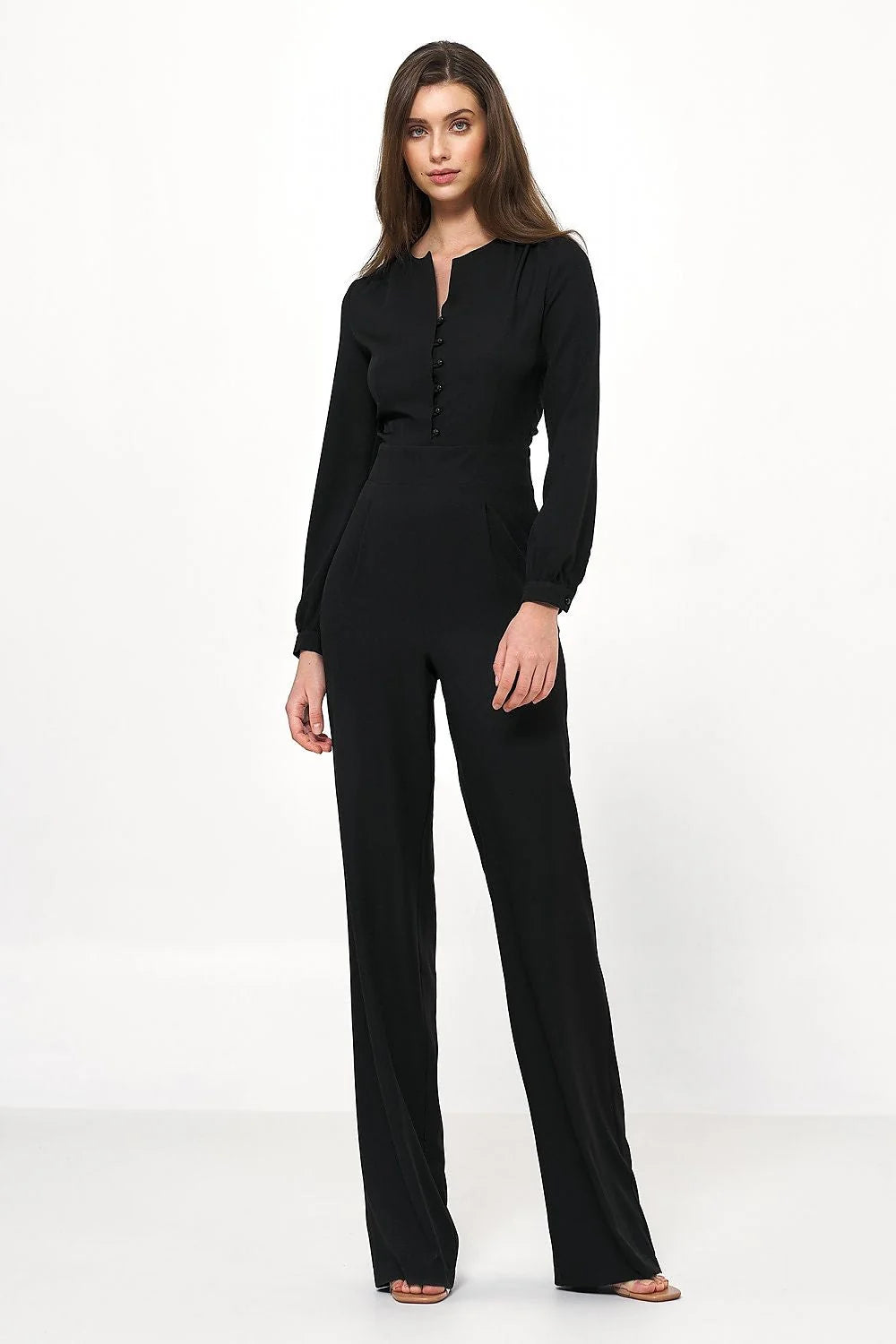 Combinaison élégante pour femme noir coupe ajustée taille cintrée manches longues en V boutons intégrés polyester élasthanne