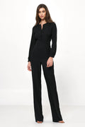 Combinaison élégante pour femme noir coupe ajustée taille cintrée manches longues en V boutons intégrés polyester élasthanne