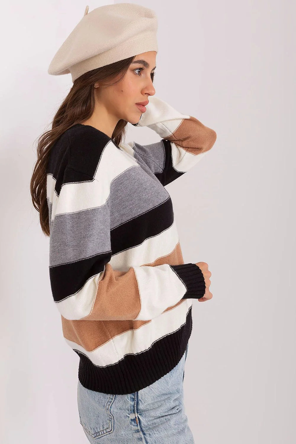 Pull à rayures larges pour femmes, maille douce coton acrylique, style casual-chic, manches longues, col rond, élastique côtelé, beige, gris foncé, noir, blanc cassé