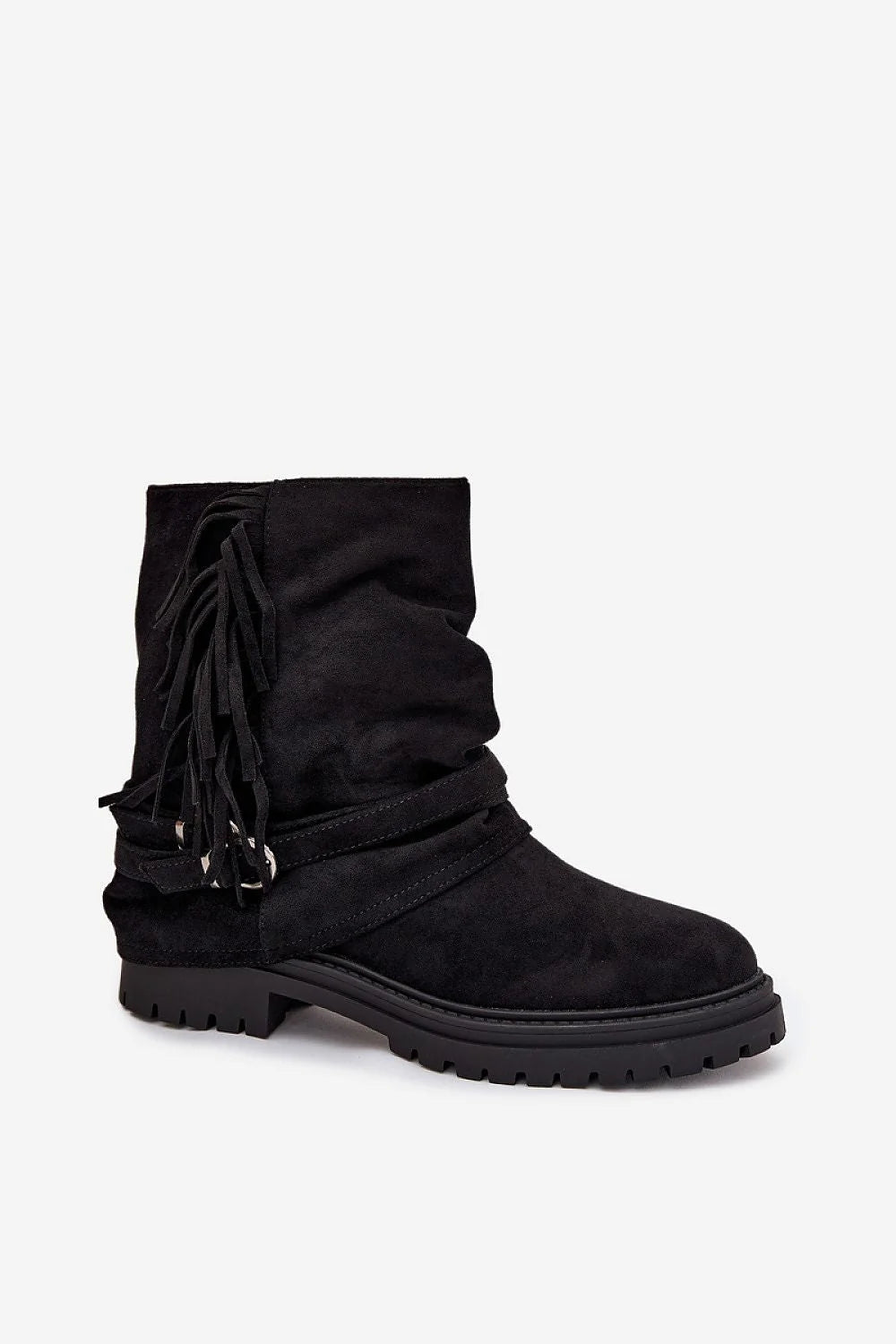 bottines femme suédine daim noir franges latérales double brides boucles argentées semelle crantée caoutchouc talon bas doublure chaude