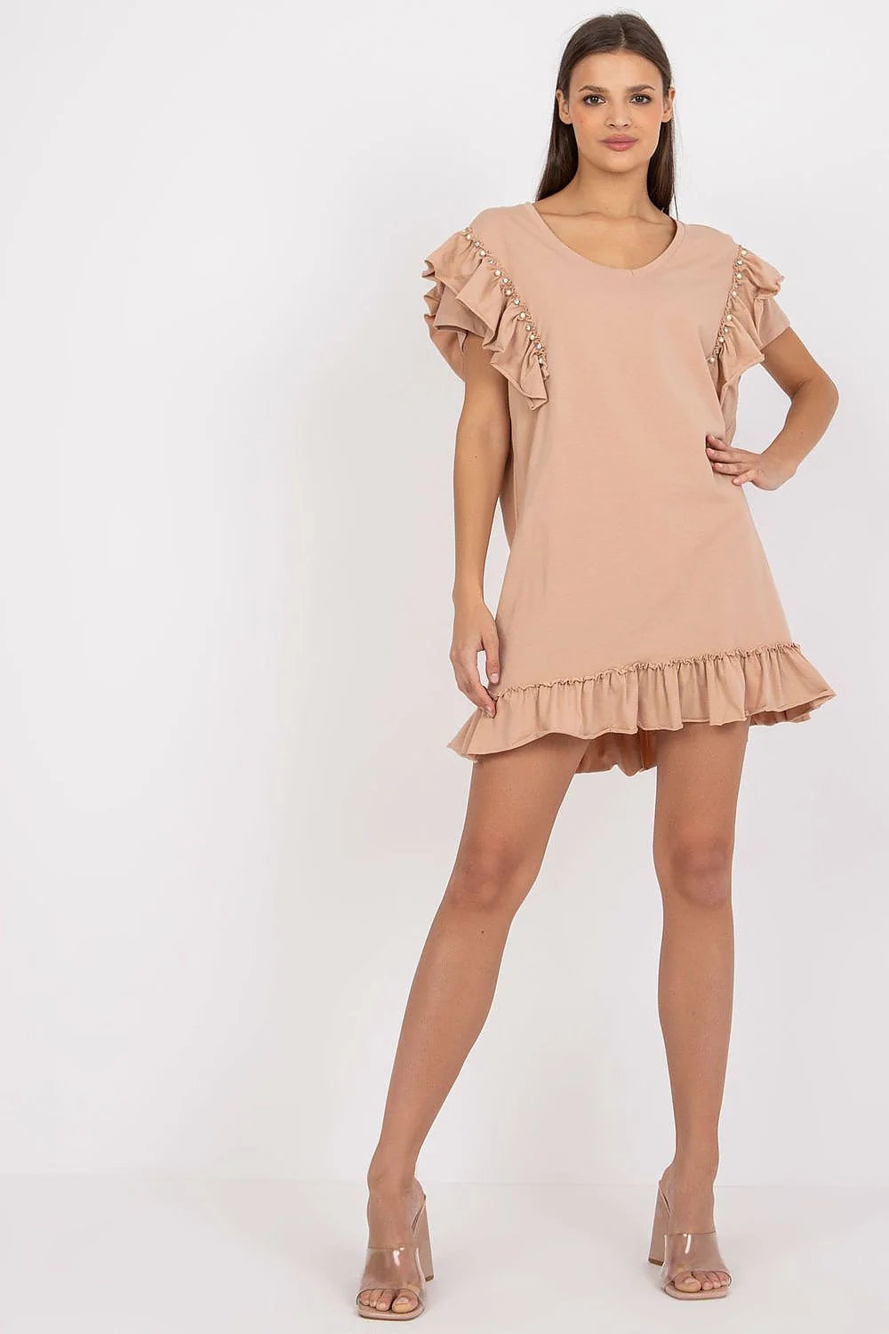 robe estivale corail légère fluide coton viscose col rond coupe droite manches courtes volants perles ourlet volanté féminine chic confortable