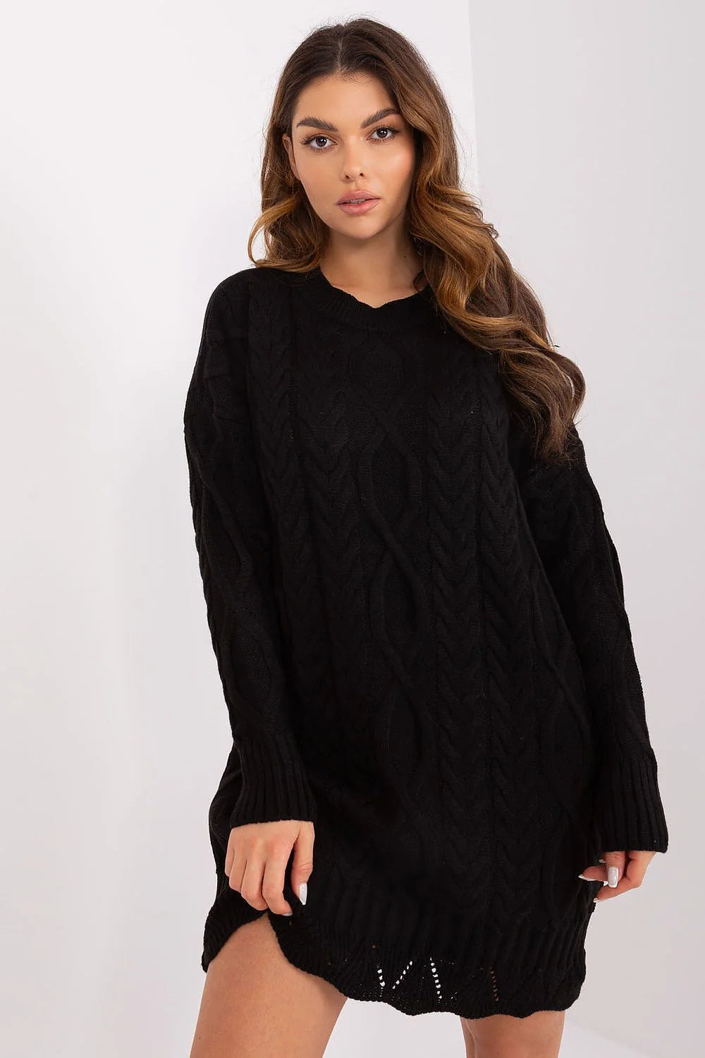 Robe-pull tricot motifs torsadés noir femme coupe ample manches longues encolure ronde finitions bord-côte