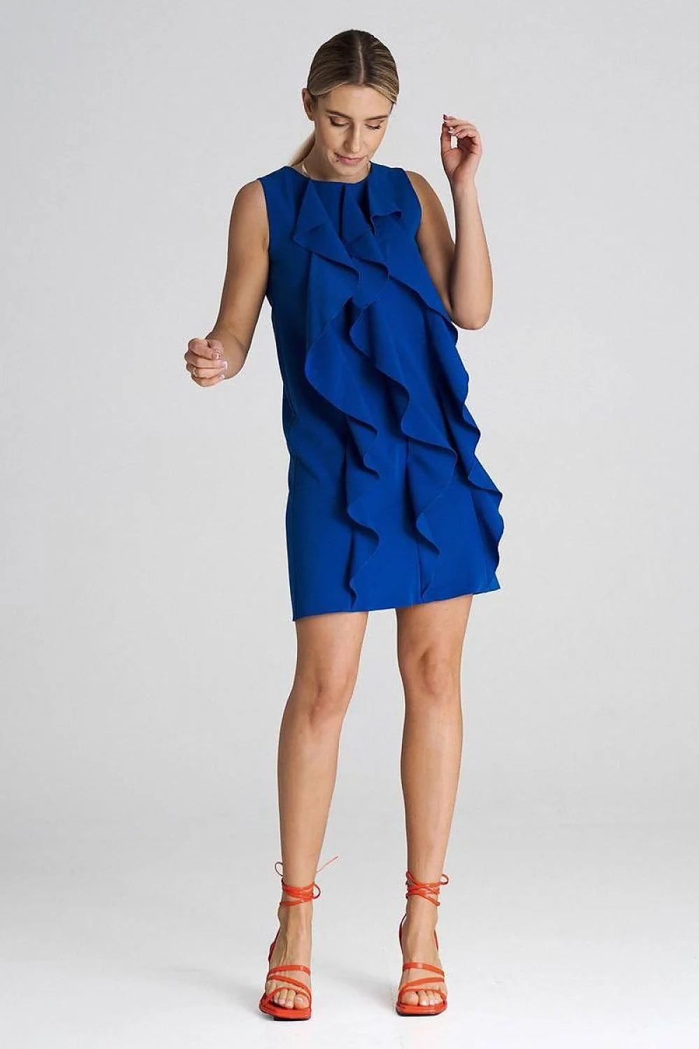 Robe cocktail moderne audacieuse bleu électrique sans manches volants ruffles femmes occasion soirée semi-formelle