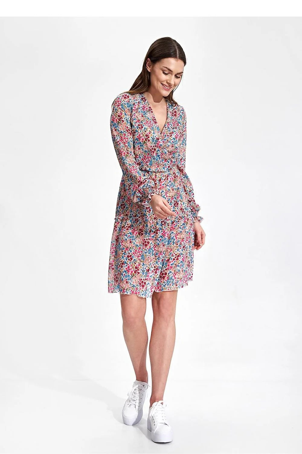 Robe de jour Figl robe été aérée manches longues élastique taille encolure enveloppe volant jupe polyester 100% femmes