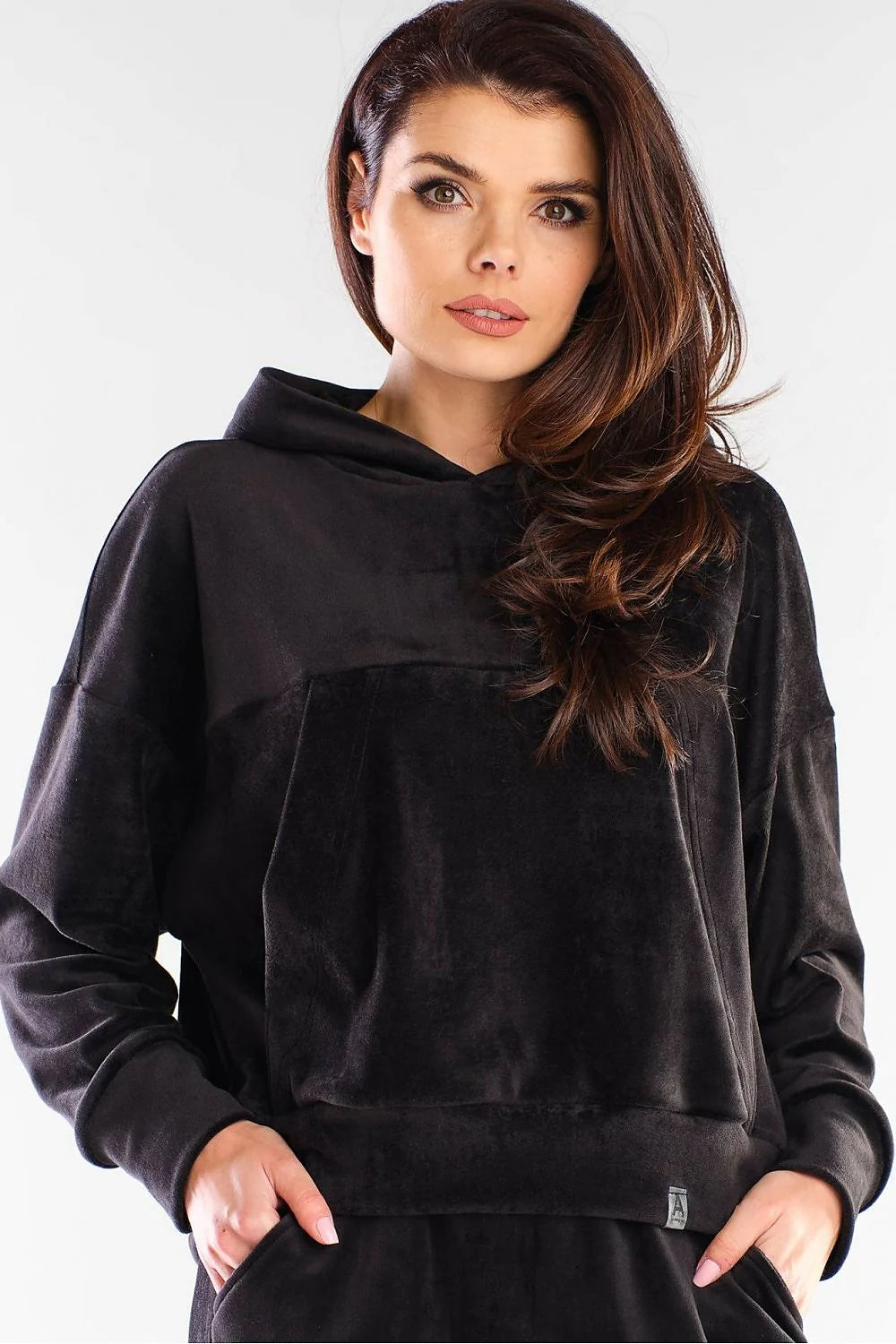 Sweatshirt femme velours rose vif style décontracté chic confortable coupe ample capuche poches pratiques