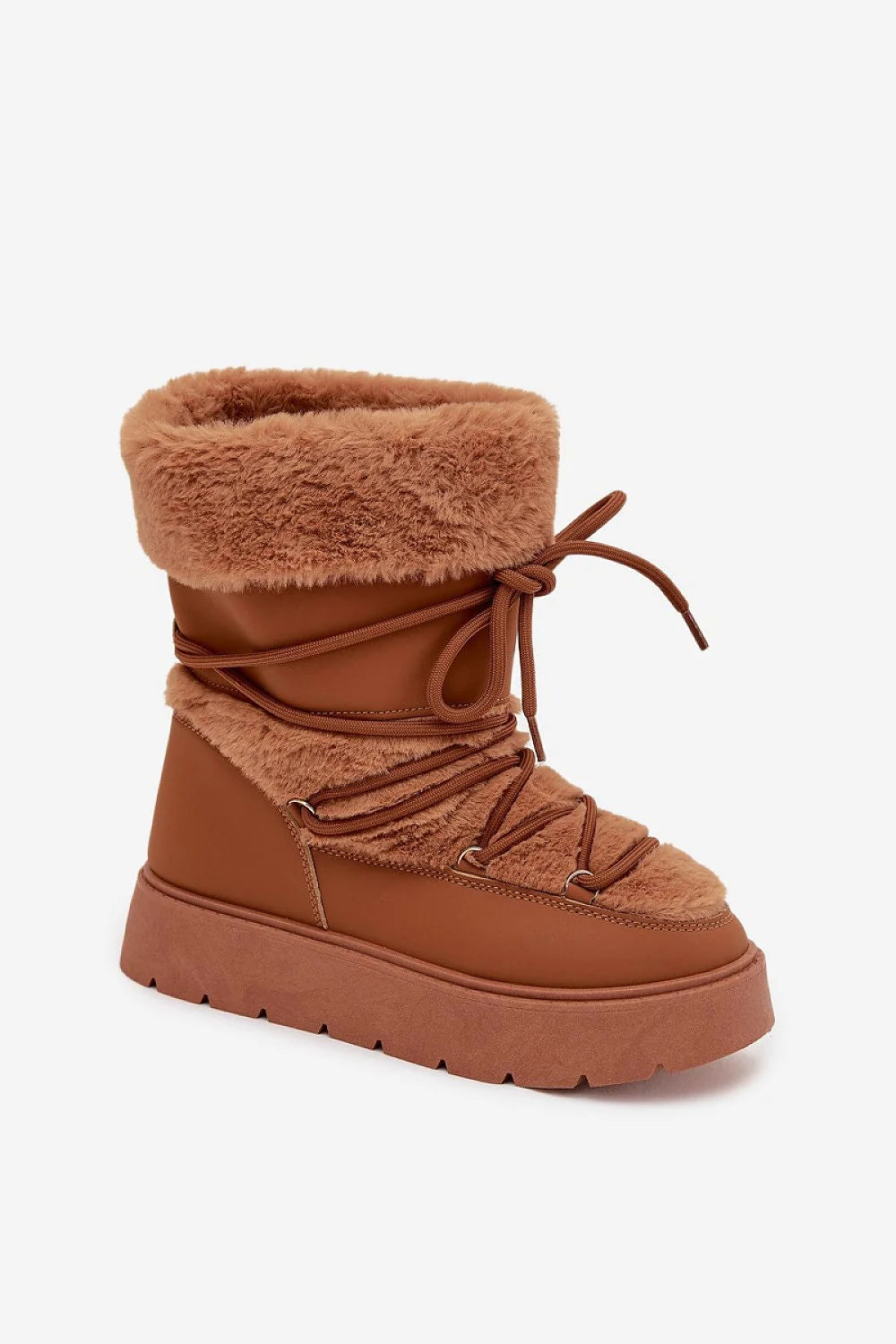 bottines neige femme plateforme cuir écologique fourrure intérieure col retroussé camel lacets œillets semelle crantée antidérapante bout rond
