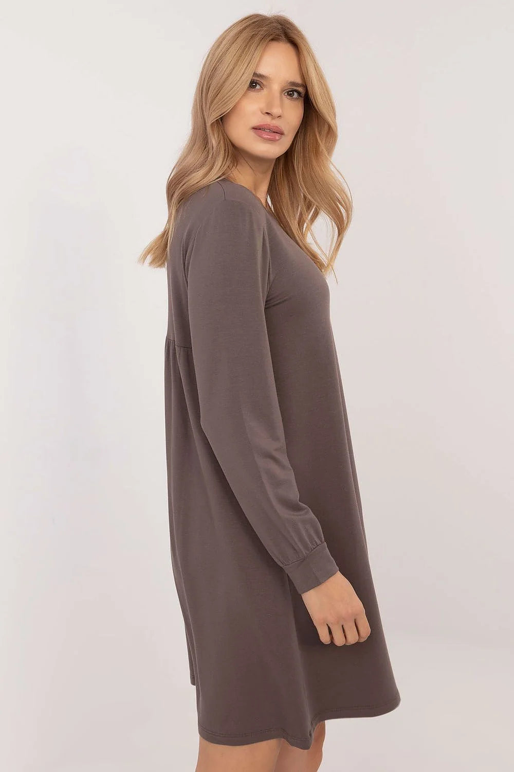 Robe de jour Relevance pour femme en micro-modal, couleur brun taupe, manches longues, encolure ronde, coupe droite, logo blanc, style casual, confort et style