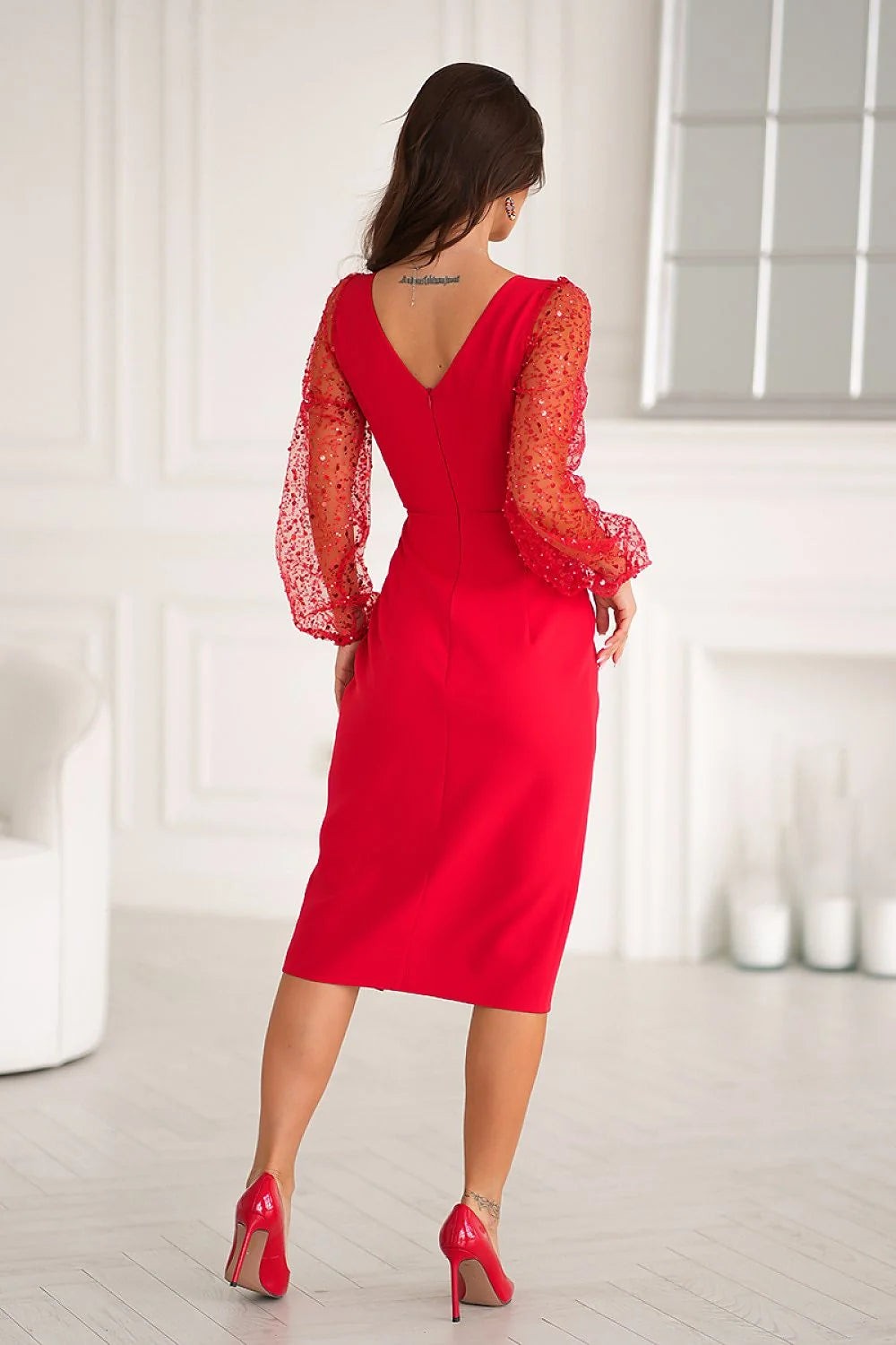 Robe de soirée élégante longue manches longues en dentelle rouge vif taille ajustable femme