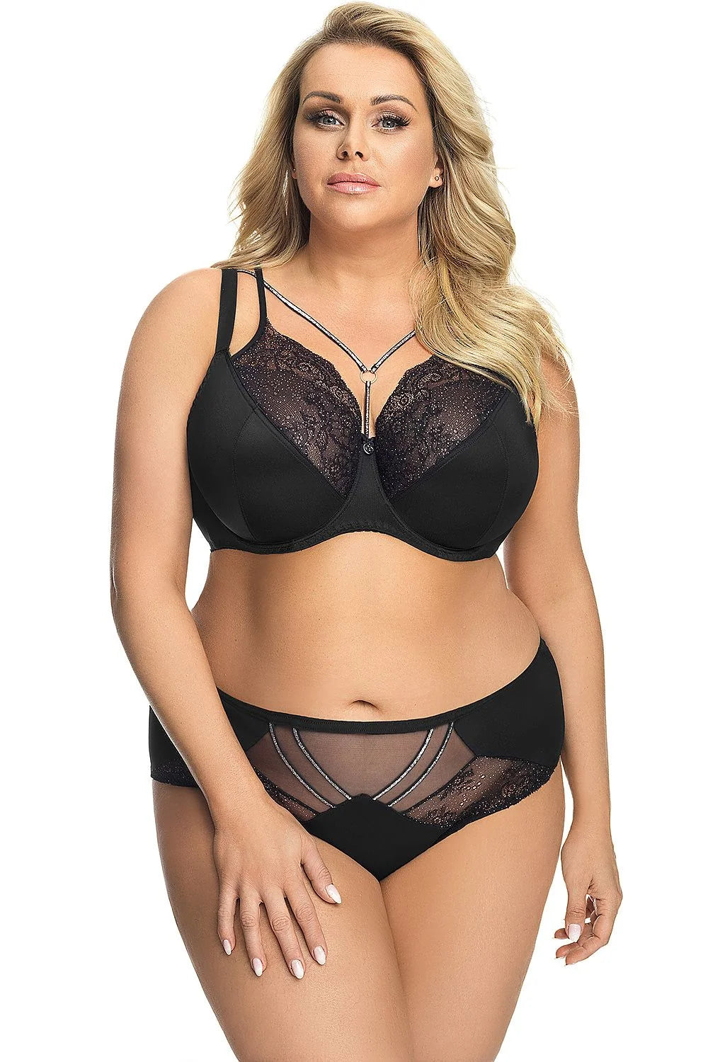 Ensemble lingerie dentelle noire élégante Gorsenia design géométrique transparent taille ajustable pour femmes modernes
