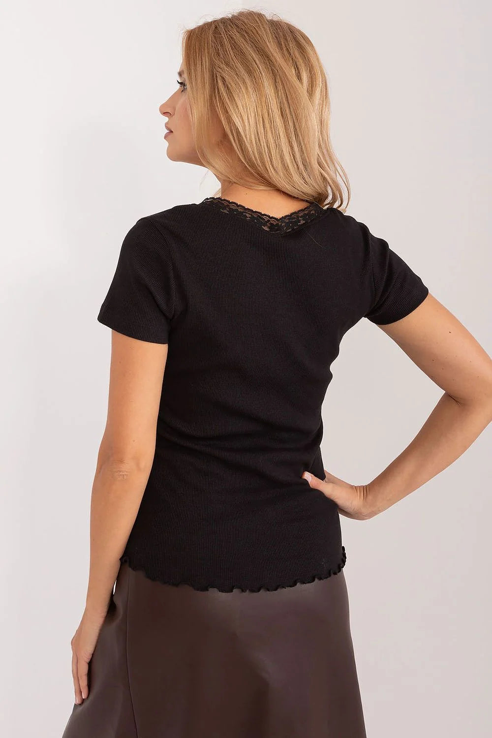 Ensemble mode femme haut basique noir col V dentelle bas similicuir marron foncé ceinture ajustable