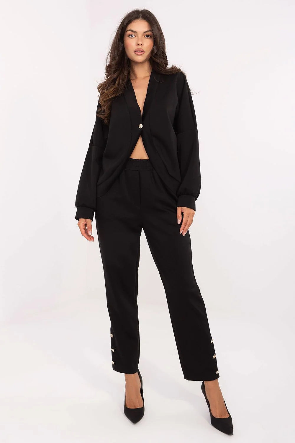 ensemble casual femme confortable élégant viscose stretch toucher beurre pull boutons décolleté V manches longues pantalon taille haute