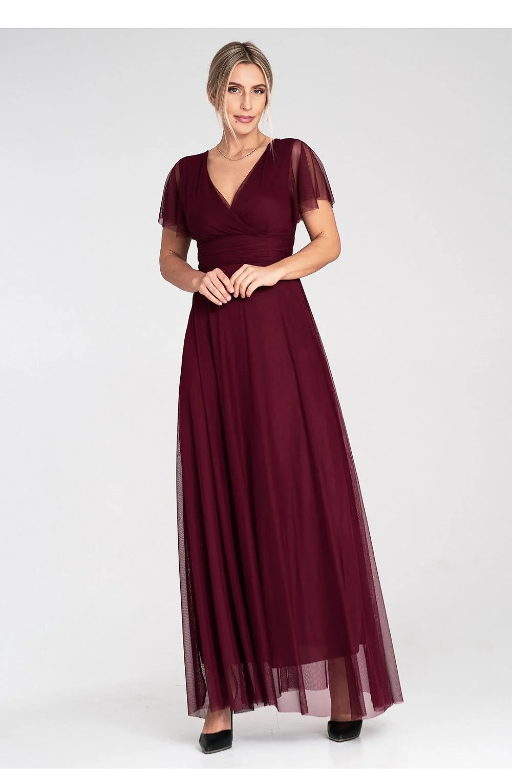 Robe longue élégante en tulle bordeaux manches courtes en V dos nu soirée été hiver femme
