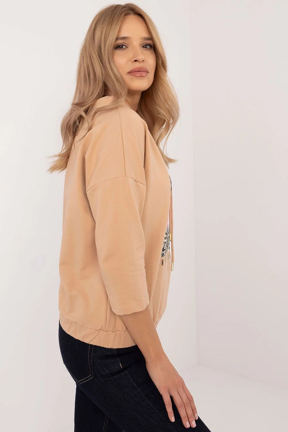 Sweat-shirt femme style urbain décontracté couleur beige motif animalier NEW YORK manches longues col rond cordon serrage élasthanne coton