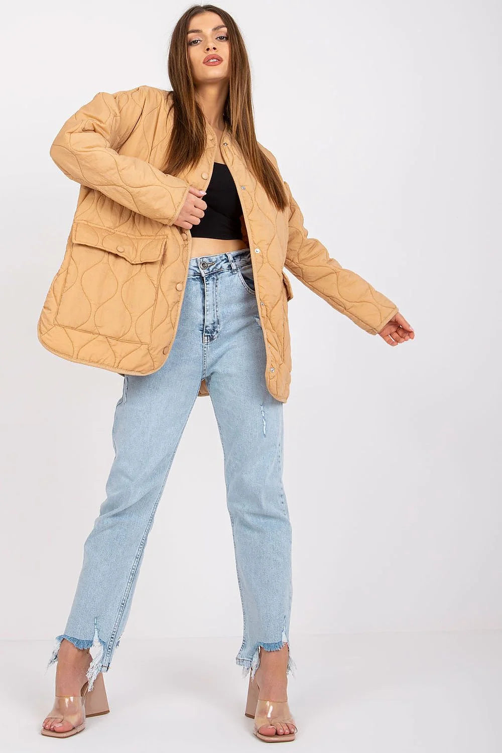 Veste matelassée pour femmes couleur rose pastel oversized manches longues fermeture à boutons-pression polyester 100 %