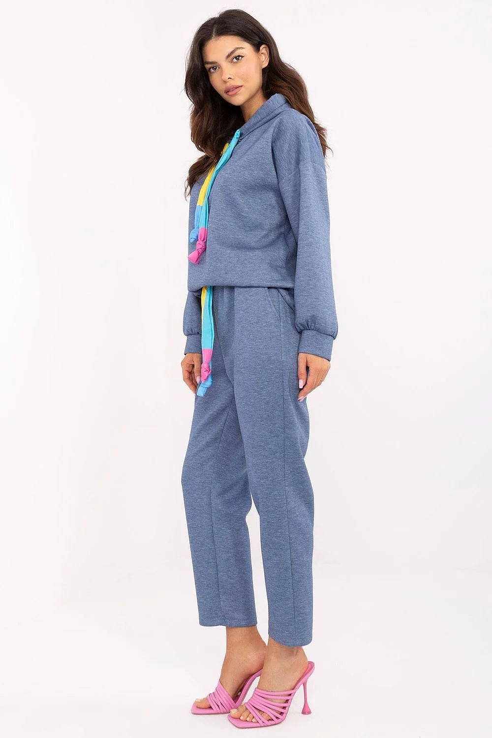 ensemble Italy Moda femme sweat capuche pantalon bleu chiné oversize jogger jersey doux cordons multicolores confortable