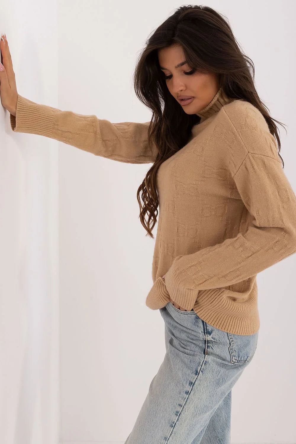 Pullover femme col roulé beige matériau mixte acrylique polyester polyamide manches longues coupé ajusté finitions soignées style intemporel moderne pour quotidien hiver