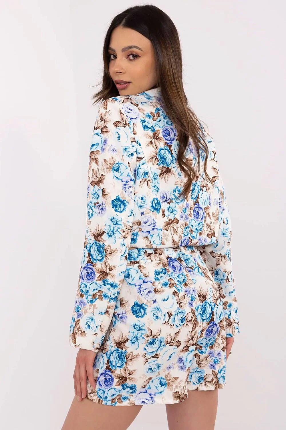 Ensemble Italy Moda pour femme, style moderne élégant, robe blazer floral, coupe ajustée, manches longues, épaules structurées, finitions soignées